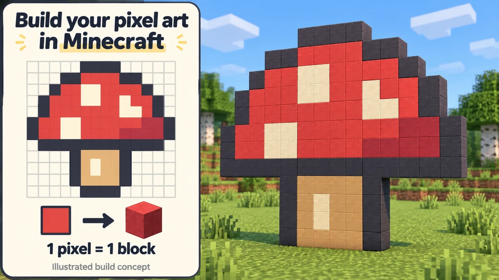 Illustrated Minecraft-style mushroom mural built from square blocks, beside a pixel reference and a one-pixel-to-one-block explanation
