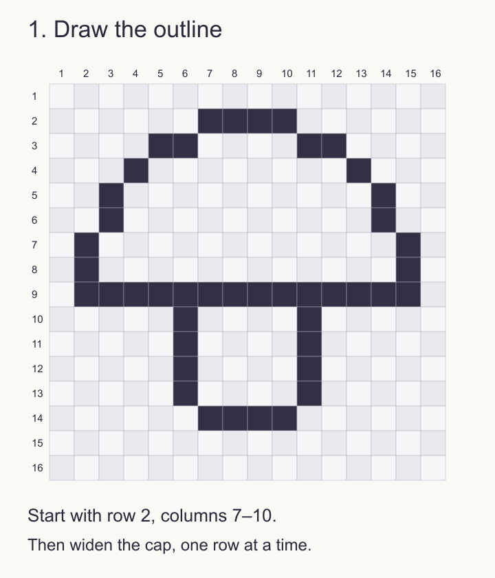 Step 1: a large numbered 16 by 16 grid showing the mushroom outline, starting on row 2 at columns 7 to 10