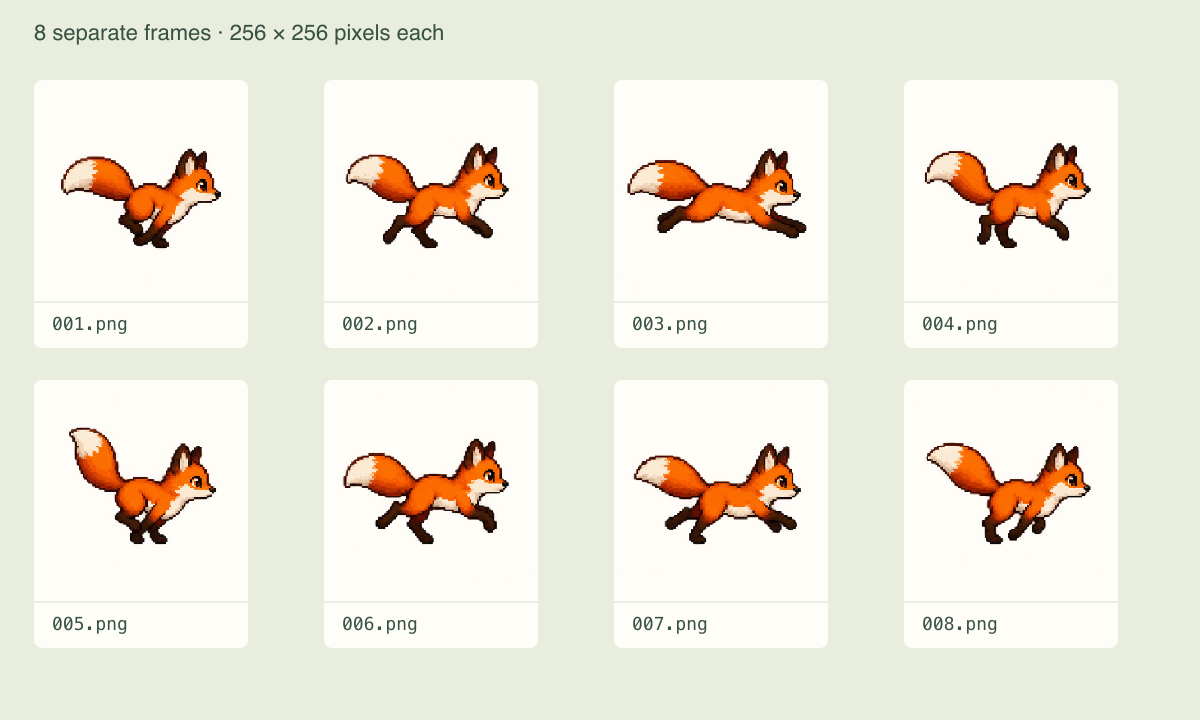 Eight numbered fox running frames cut from a four-column, two-row sheet